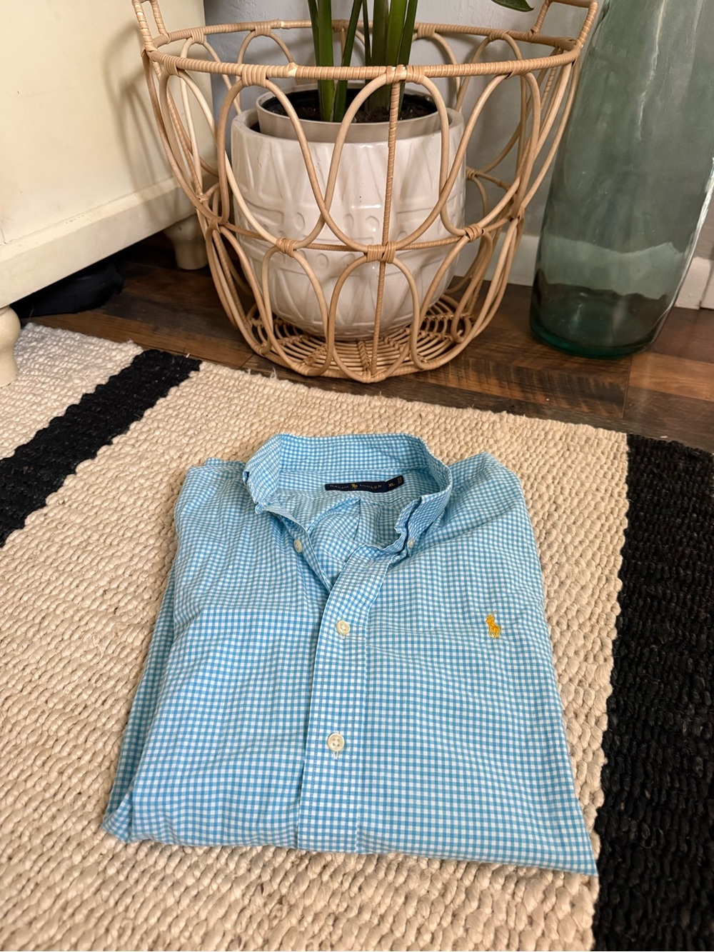 Ralph Lauren Shirt Mens X Large Blue Gingham Check Seersucker Work Casual Preppy